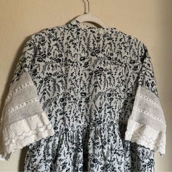 By Timo‎ Floral Boho Embroidered Poplin Midi Dress Sz Medium Crochet Lace Trim - Picture 9 of 9